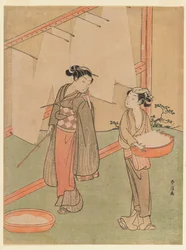 Joven y sirviente secando fideos finos japoneses, c.1766